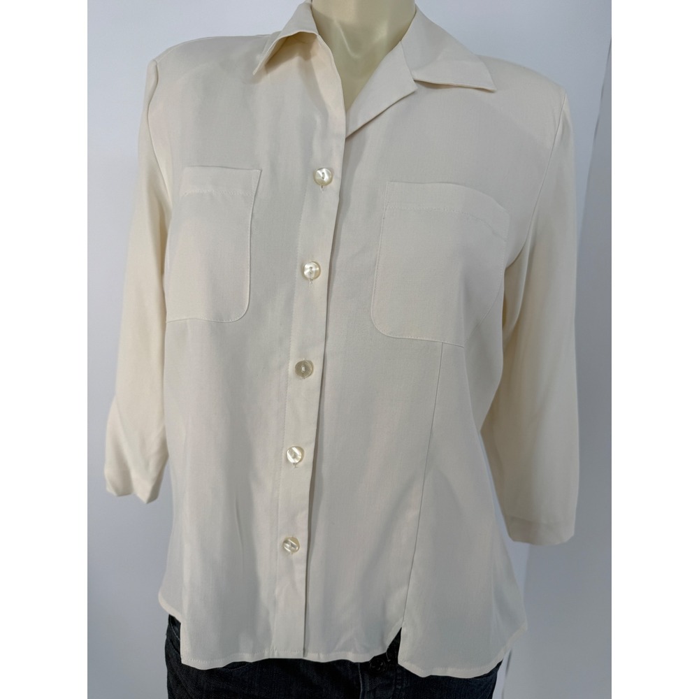 VTG 90s Anna & Frank 100% Silk Ivory Button Front Blouse M Shoulder Pad